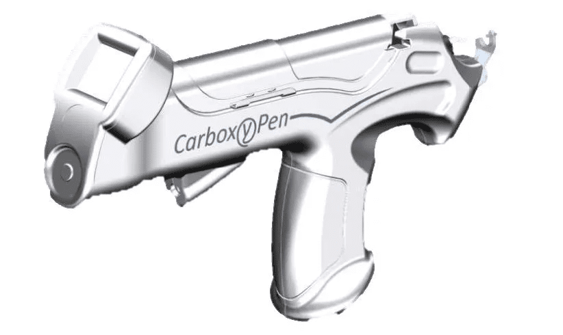 A silver gun with the words carboxy pen on it.