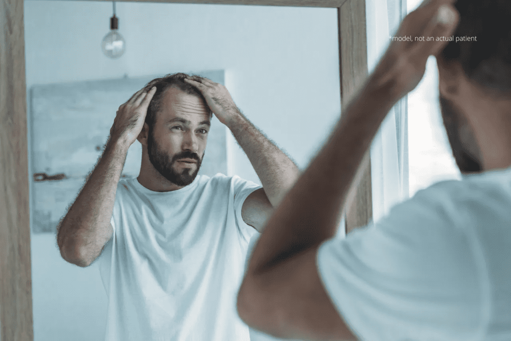 A man looking at his hair in the mirror