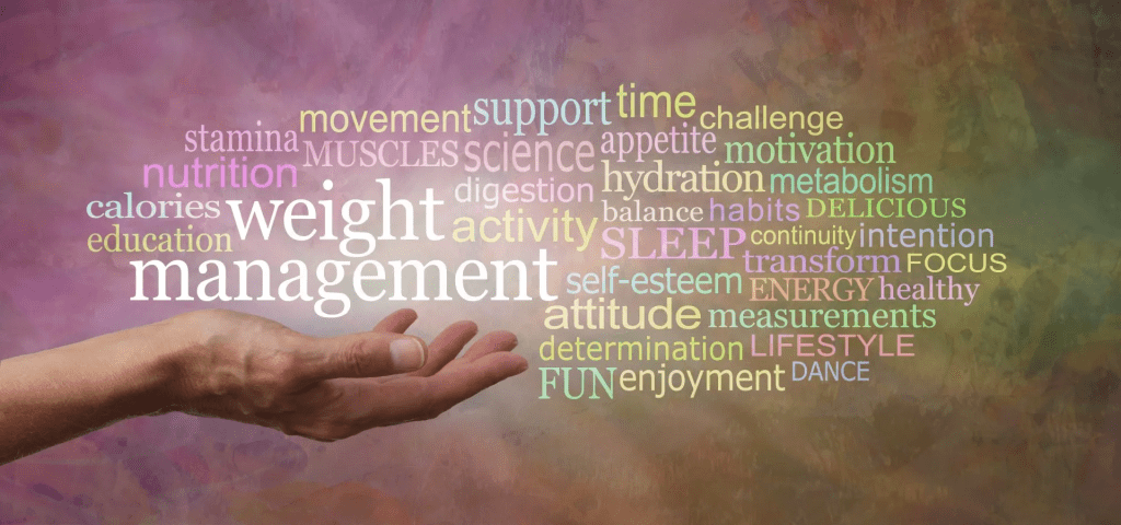 A person holding their hand out with the word weight management written above them.