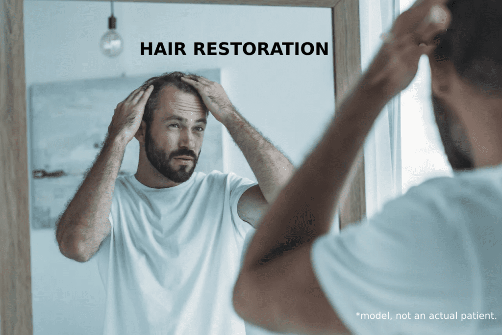 A man looking at his hair in the mirror