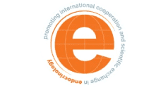 An orange and white logo with the word e.