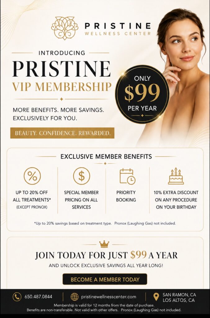 Introducing Pristine Wellness Center VIP Membership promotional graphic, featuring a smiling woman, membership details including
